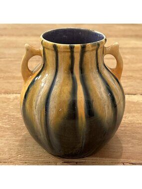 Coronet Czechoslovakia Double Handle Vase Glossy Drip Glaze Pottery Blue Yellow